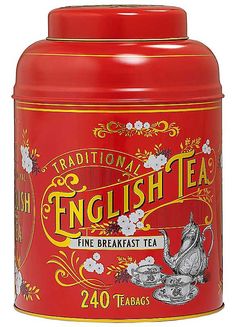 an english tea tin canister with the word english tea printed on it's side