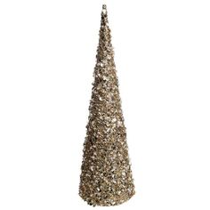 a small christmas tree made out of silver and gold glitters on a white background