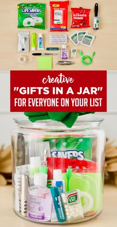 a jar filled with lots of different items on top of a wooden table next to a red sign that says creative gifts in a jar for everyone on your list