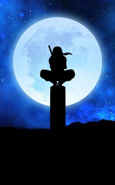 the silhouette of a person sitting on top of a pole in front of a full moon