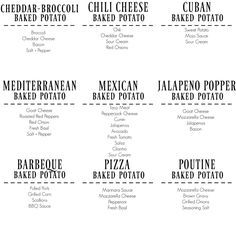 the menu for mexican food is shown in black and white, with different types of toppings