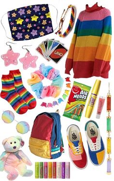 Rainbow Core Outfit, Rainbowcore Outfit, Weirdcore Mask, Little Spaces Ideas Outfits, Kid Core Art, Dreamcore Fashion, Clown Core Fashion, Clown Core Outfit, Dreamcore Outfits