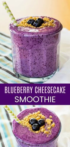 blueberry cheesecake smoothie in a glass with straws