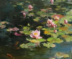 a painting of pink water lilies in a pond