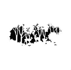 a black and white silhouette of trees with bats flying around them on a white background