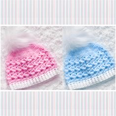 two crocheted hats with white and blue fur pom - poms on them