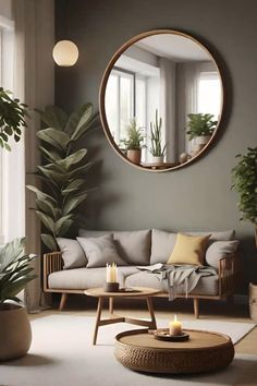 a living room filled with furniture and potted plants in front of a round mirror