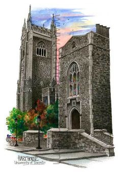 a drawing of an old church with a bicycle parked on the sidewalk next to it