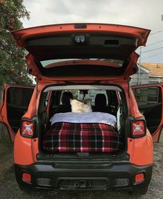 the dog is sitting in the back of an orange van with its bed pulled up