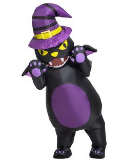 an inflatable black cat wearing a purple witches hat and holding up his arms