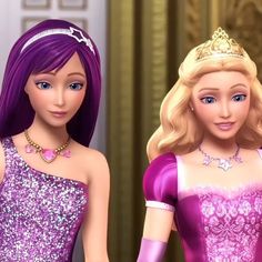 two barbie dolls wearing tiaras and dresses