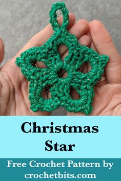 a hand holding a crochet christmas star ornament with text overlay