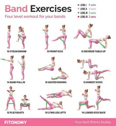 a woman doing yoga poses with the words band exercises on her chest and arms in different positions