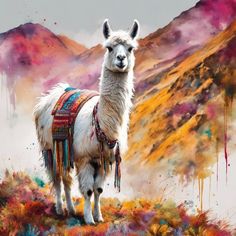 a llama standing on top of a hill covered in colorful paint splats