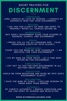 a blue and green poster with the words, short prayer for discernment