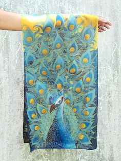 Silk Painting Techniques, Owl Scarf, Feather Scarf, Handpainted Silk Scarves, Scarf Art, Bird Scarf, Blue Silk Scarf, Hand Painted Scarves, Painted Scarf