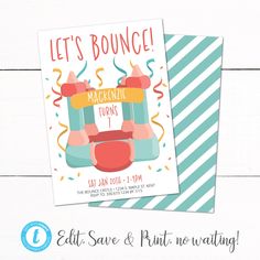 two birthday cards with the words, let's bounce and an image of shoes on them