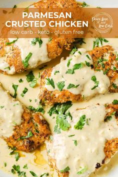 This Parmesan Crusted Chicken with Lemon Cream Sauce is the perfect quick and easy weeknight meal. Tender, juicy chicken breast, coated in crispy parmesan cheese and herbs, tops with a rich lemony cream sauce. It is the perfect low carb, keto alternative to breaded and fried chicken. Chicken In Lemon Cream Sauce, Chicken In Parmesan Cream Sauce, Lemon Cream Sauce For Chicken, Chicken Lemon Sauce, Lemon Parm Chicken, Lemon Crusted Chicken, Chicken With Lemon Cream Sauce, Parm Crusted Chicken, Chicken With Cream Sauce