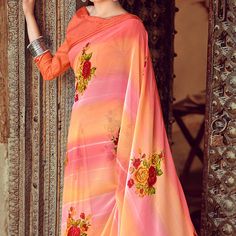 Product Detail - pink-orange colored printed saree with fancy blouse is made chiffon fabric which is highlighted with beautiful floral printed work as shown. Comes along unstitched chiffon fancy blouse piece which you can customise as per your design/style. Occasion - You can wear this saree for casual, outings, social meets and other homely events. Style it up - Look glamorous in this traditional saree by (_PEACHMODE_SAREES_) Pair this saree with Ethnic Gold Jewellery, beautiful clutch to complete the look!! Note:- The actual product may differ slightly in color and design from the one illustrated in the images when compared with computer or mobile screen. Measurements: Saree : Chiffon : 5.5 Mtrs Blouse : Chiffon : 0.8 Mtr Material: Chiffon Stitch Type: Unstitched Country of Origin: India Printed Chiffon Saree, Fabric Work, Raw Silk Saree, Latest Designer Sarees, Model Images, Fancy Blouse, Indian Sarees Online, Casual Saree, Art Silk Sarees