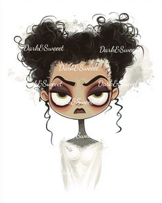 a drawing of a woman with curly hair and words above her head that read darksweet