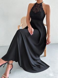 Contrast Lace Tie Backless A-line Dress | SHEIN USA Black Sleeveless Evening Dress, Black Tie Dresses For Women, Elegant Formal Dresses Classy, Classy Evening Dresses, Black Tie Cocktail Dress, Black Tie Event Dresses, Black Dresses Classy, Lace Tie, Black Bridesmaid Dresses