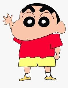 a cartoon character with big eyes and a red t - shirt, standing in front of a white background