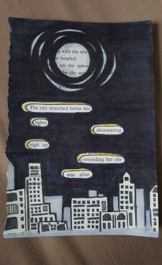 a piece of paper with an image of city lights and speech bubbles in the sky