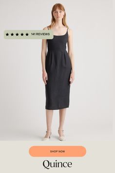 Crafted from the finest quality linen sourced from Europe, our 100% European Linen Scoop Neck Midi Dress is soft, breathable, and lightweight, making it the perfect choice for warm weather. The elegant scoop neck and midi length of the dress make it a versatile addition to any wardrobe. Whether you're dressing it up for a special occasion or keeping it casual for a day out, this dress is sure to turn heads.  | Quince | Women's 100% European Linen Scoop Neck Midi Dress in Black, Size XS Fitted Linen Dress For Work, Fitted Linen Dress With Straight Neckline For Summer, Fitted Linen Midi Dress With Straight Neckline, Fitted Linen Dress With Straight Neckline For Daywear, Casual Fitted Midi Linen Dress, Fitted Linen Midi Dress For Brunch, Fitted Linen Midi Dress For Work, Black Linen Dress For Workwear In Summer, Black Linen Dress For Summer Workwear