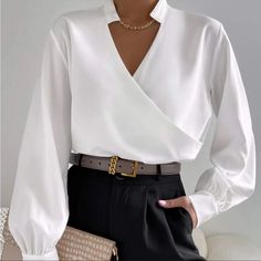 Luxe White Surplice Semi Sheer Blouse Xs S M L, 100% Polyester, Ships In 7-8 Days Versatile V-neck Blouse For Office, Elegant V-neck Shirt For Brunch, Versatile Formal Spring Tops, Versatile Formal Tops For Spring, Versatile Spring Formal Tops, Elegant Solid Color Tops For Brunch, Versatile V-neck Office Tops, White V-neck Top For Office, Spring V-neck Office Wear Tops