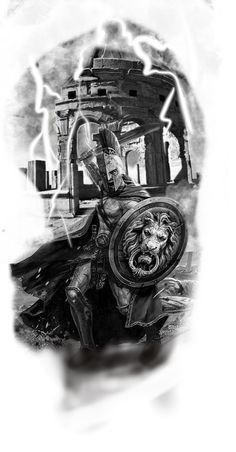 a black and white drawing of a man in armor with a lion on his back