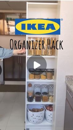 a man standing in front of a refrigerator with the words ikea organization hack on it