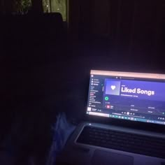 a laptop computer sitting on top of a bed next to a person in the dark