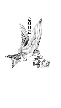 an ink drawing of a bird with flowers on it's wings and the word love written