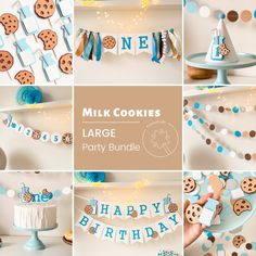 a collage of photos with cookies and decorations for a birthday party or baby shower