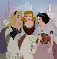 three princesses are talking to each other in front of a castle