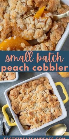 small batch peach cobbler in a white dish with spoons