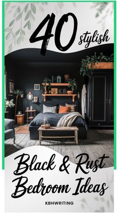 Stylish black and rust bedroom with botanical accents and modern decor. Black Bedroom, Minimalist Fashion, Design Elements, Rust, Bedroom Decor, Bedroom