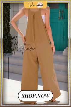 Fashion Solid Patchwork Spaghetti Strap Loose Jumpsuits(6 Colors) Non-stretch Summer Workwear Overalls, Brown Sleeveless Overalls For Summer, Brown Non-stretch Jumpsuits And Rompers For Summer, Sleeveless Brown Overalls For Spring, Brown Sleeveless Overalls For Spring, Loose Jumpsuit, Off The Shoulder, Spaghetti Strap, Spaghetti