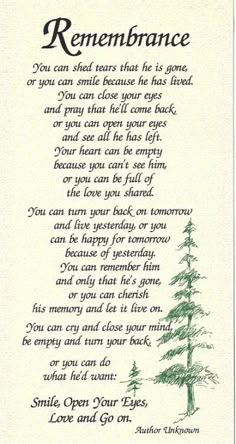 a poem written in green ink on white paper with pine trees and the words remembrance