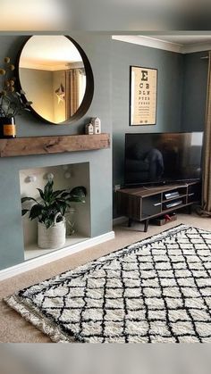 a living room filled with furniture and a large rug on top of a carpeted floor