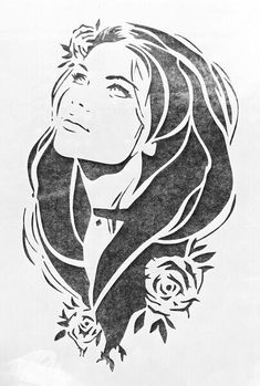 a black and white drawing of a woman's face with roses in her hair