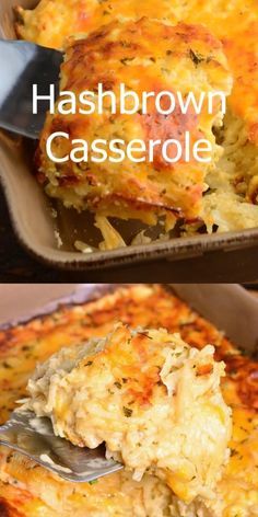 hashbrown casserole in a baking dish with a fork