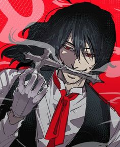 an anime character with scissors in his hand and red tie around his neck, looking at the camera