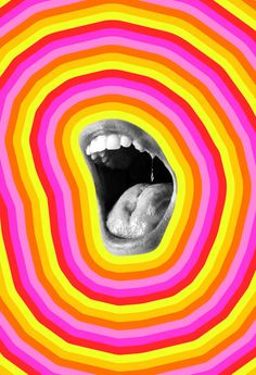 an open mouth in the middle of a multicolored spiral