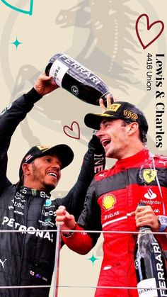 two men are holding up bottles in front of their heads and one is wearing a red racing suit