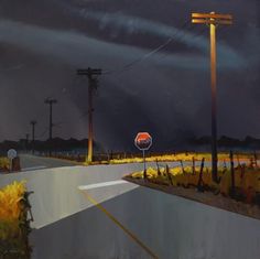 a painting of a stop sign in the middle of an empty road