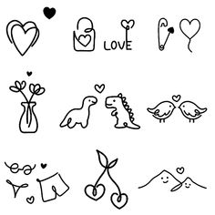 some doodles are drawn in black and white with hearts, flowers, and other things