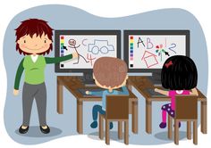 two children are drawing on the computer screen with their teacher