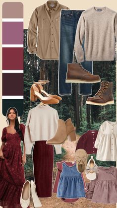 a collage of clothes, shoes and sweaters with color swatches on them