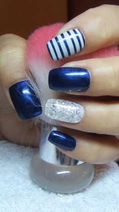 Nails Dark Design, Blue January Nails, Navy Blue And White Nails, Dark Blue And Silver Nails, Nails Acrylic Dark, Football Nail Designs, Prom Nails Silver, Cruise Nails